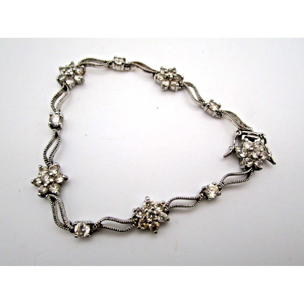 Sterling Silver 925 Bracelet with Sparkly Flowers CZ Stones 7" Box Clasp DL